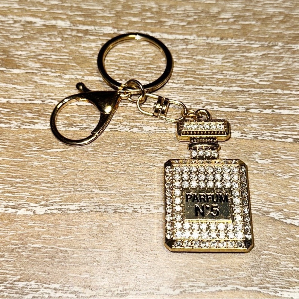 Yellow Gold Purse Charm/ Keychain Parfum No5 and Bling NWT
